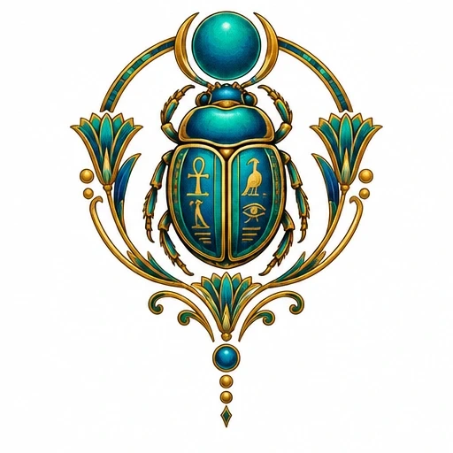 Turquoise and gold Egyptian scarab beetle with hieroglyphs, crescent moons, orb, and lotus flower decoration