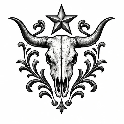 Black and gray bull skull tattoo with a Texas star above and ornamental swirls framing it