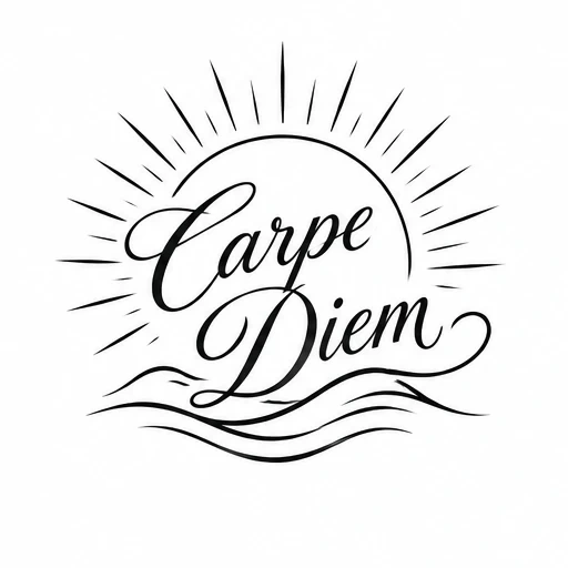 Carpe Diem phrase in stylish calligraphy with sunburst lines and waves