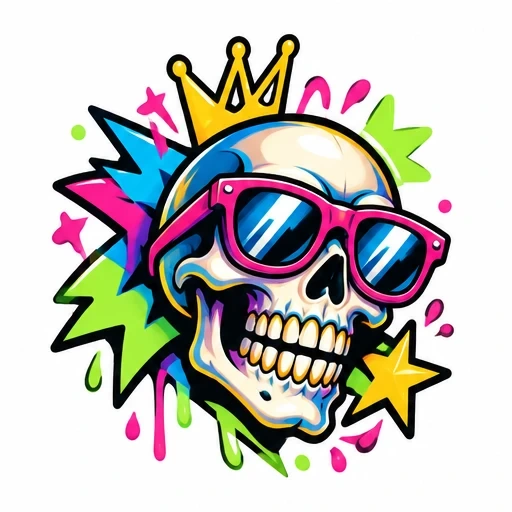 Skull wearing pink sunglasses and a golden crown with colorful starburst graffiti background