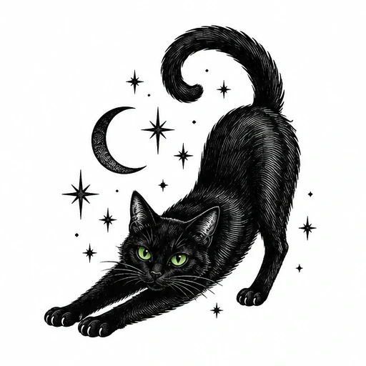 Black cat stretching with green eyes, crescent moon, and stars around