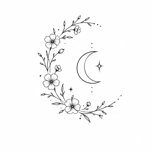 Fine line tattoo of crescent moon with floral vine and stars in black ink