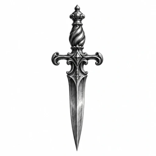 Black and grey dagger tattoo design with twisted handle and ornamental guard