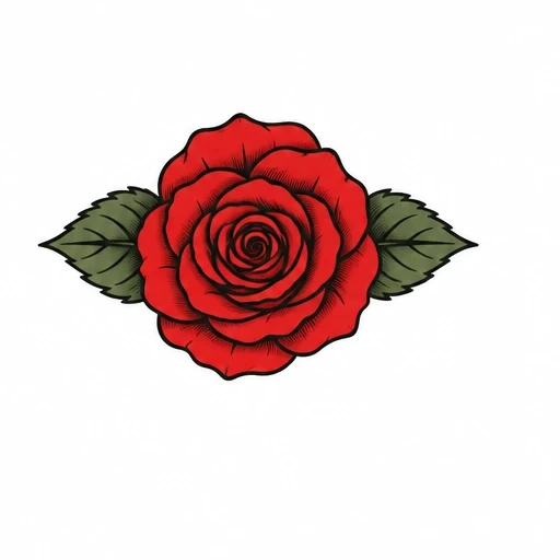 Red rose tattoo with two symmetrical green leaves and black outlines