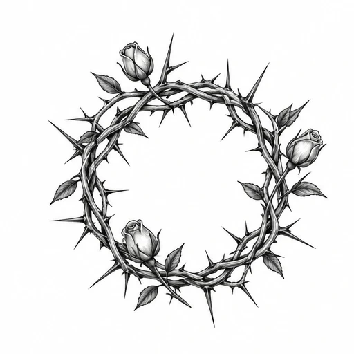 Circular crown of thorny branches with three blooming rosebuds and leaves in black and gray.