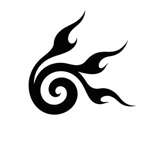 Black curvilinear spiral with three flame-shaped curved extensions tapering to points