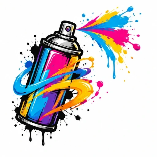 Graffiti spray can with colorful cyan, magenta, and yellow paint splashes and swirls, accented by black ink drips
