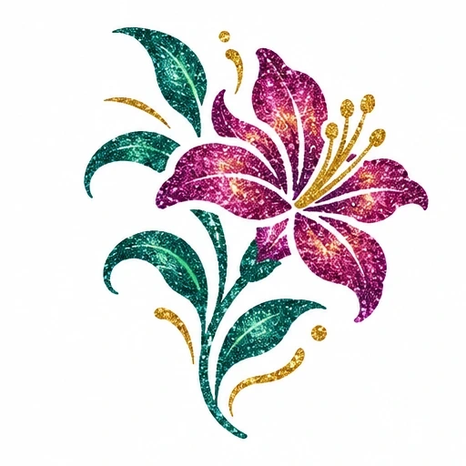 Glittery purple lily flower with green leaves and golden accents tattoo design