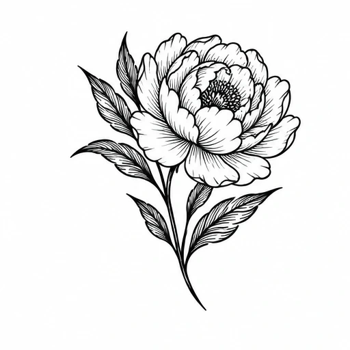 Black and white line drawing of a fully bloomed peony flower with seven leaves