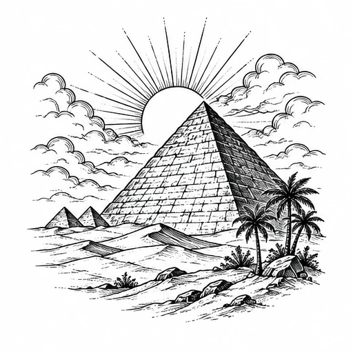 Black ink tattoo design of pyramids in desert with sun rays and palm trees