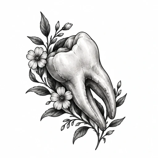 Grayscale tattoo design of a realistic molar tooth intertwined with flowers and leaves