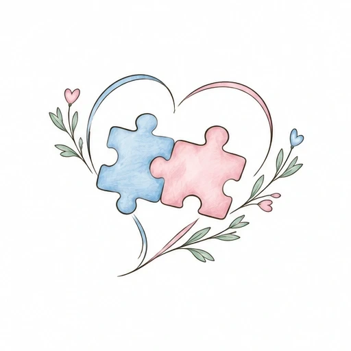 Two puzzle pieces in blue and pink forming a heart with surrounding delicate flowers and leaves in pastel colors