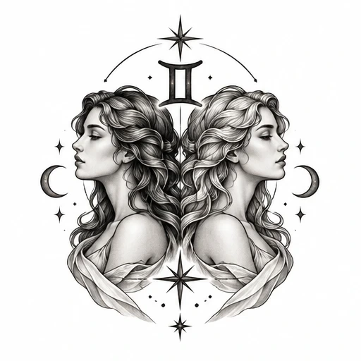 Black and white tattoo design of twin women back to back with Gemini symbol, crescent moons, and stars