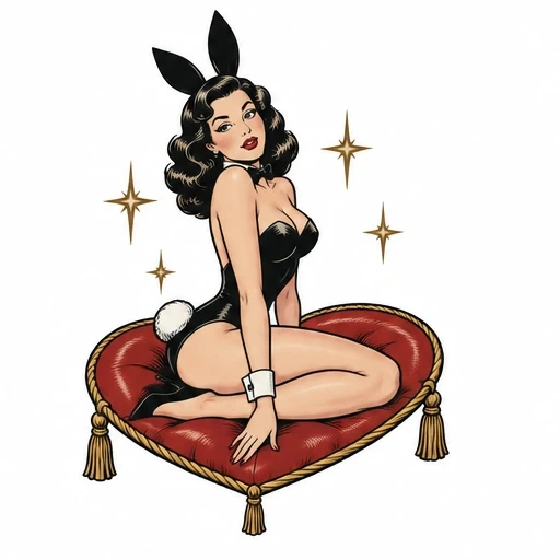 Pinup woman in black bunny outfit sitting on a red heart-shaped cushion with golden tassels and golden starbursts around her.