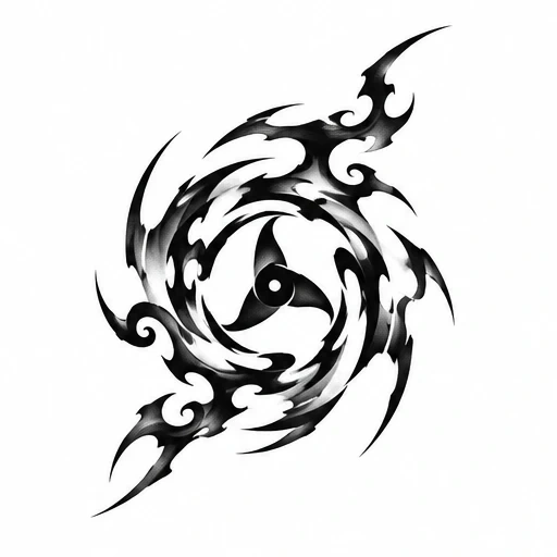 Black swirling tribal tattoo with central three-blade element and sharp curved spikes