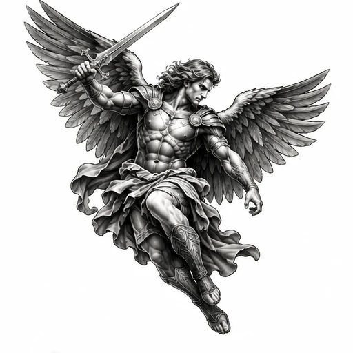 Black-and-gray tattoo illustration of a muscular warrior angel flying with a sword and spread wings