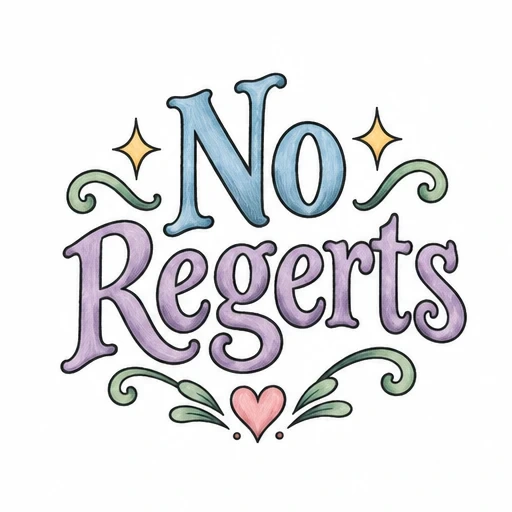Colorful tattoo design of phrase 'No Regerts' with decorative swirls, stars, and heart.