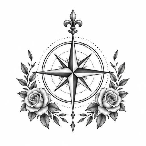 Black and grey compass rose tattoo design with fleur-de-lis and surrounded by two detailed roses and leaves.