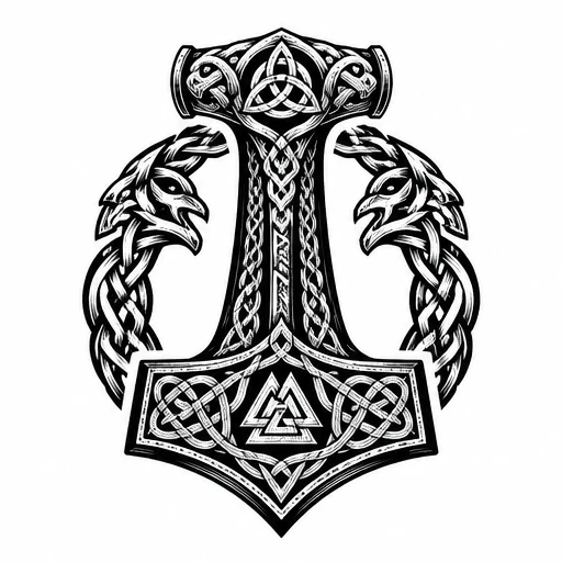 Black tattoo design of Viking Mjölnir hammer with serpent motifs and Valknut symbol in knotwork style