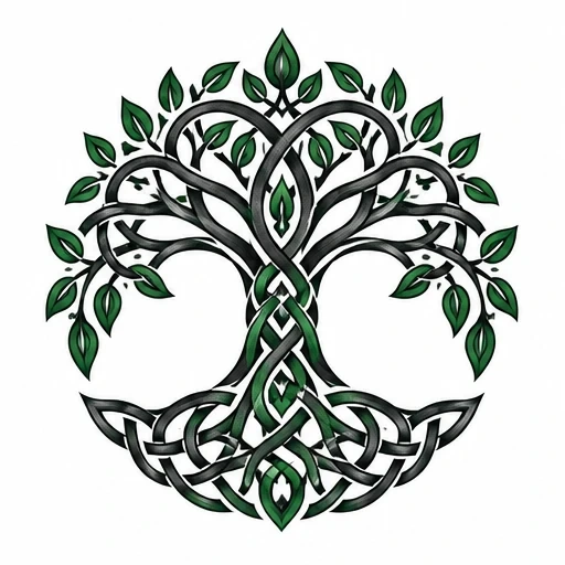Celtic Tree of Life tattoo design with interwoven black and green knotwork and green leaves on white background
