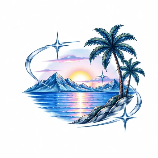 Tropical sunset over water with two palm trees on rocky shore, reflective water, mountains, and stylized stars with sweeping lines.