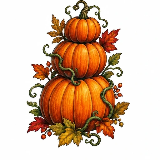 Three stacked orange pumpkins entwined with green curling vines, surrounded by colorful autumn leaves and small berries.
