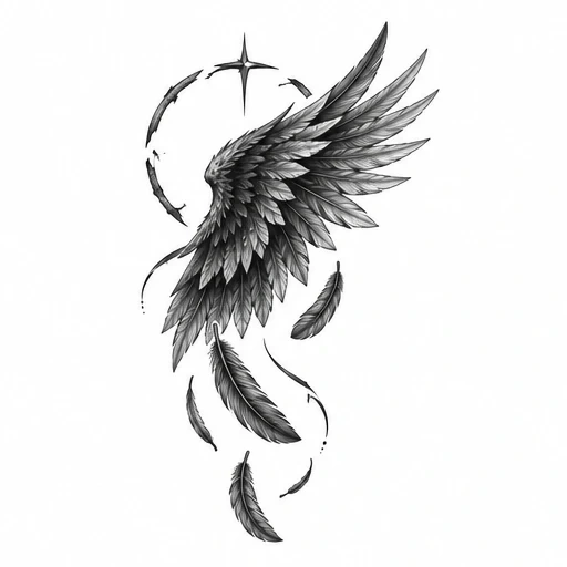 Black and grey fallen angel wing with feathers falling and a fragmented halo with star