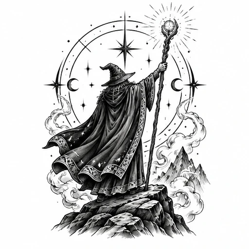 Black and white tattoo art of a wizard with pointed hat and staff standing on rocks, surrounded by stars and moons in circular design