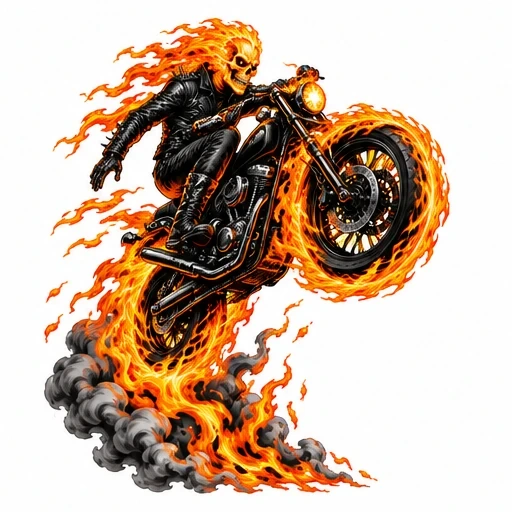 Flaming skeleton rider on a motorcycle with fiery wheels and smoke trail