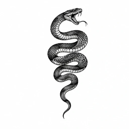 Black and white tattoo design of a coiled snake with mouth open, detailed scales, and forked tongue