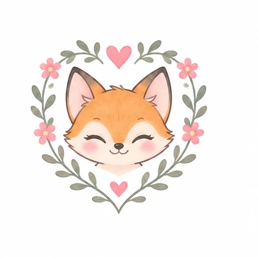 Cute smiling fox face with pink blush inside a heart-shaped floral wreath with pink flowers and hearts.