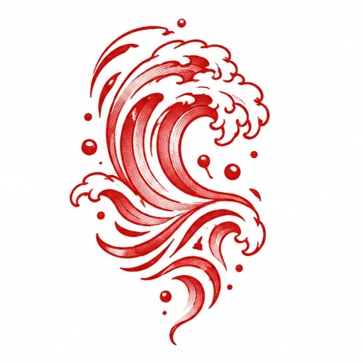 Red stylized ocean wave with curling foam and water droplets tattoo design