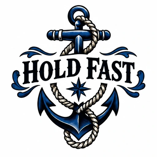 Blue and black anchor with rope wrapped around and text 'HOLD FAST' in bold letters