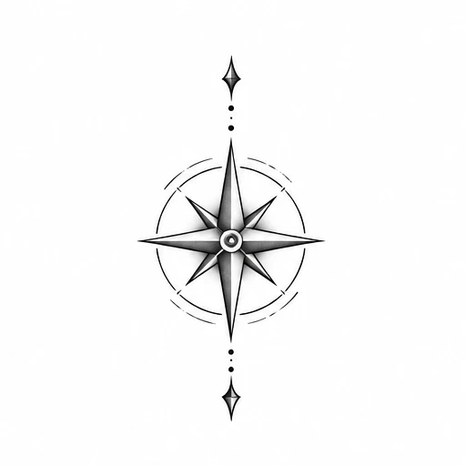 Tattoo design of a black and gray compass rose with shaded points, circle center, and small decorative dots above and below.