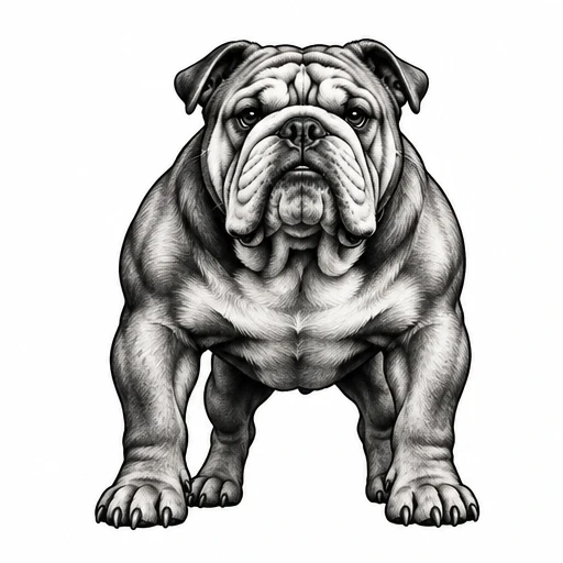 Front-facing tattoo design of a muscular bulldog in black and grey shading.