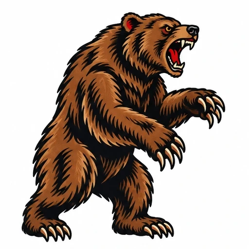 Traditional style illustration of a roaring brown grizzly bear standing on hind legs with sharp claws and open mouth