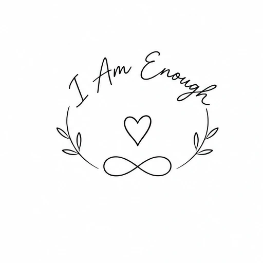 Minimalist tattoo design with 'I Am Enough' phrase, heart, infinity symbol, and leafy branches in fine line black ink.