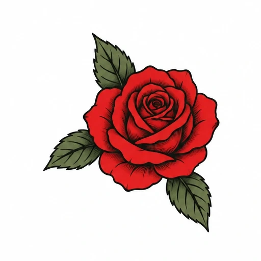 Red rose tattoo with three dark green leaves on white background
