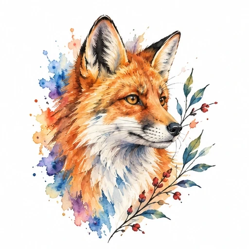 Watercolor tattoo design of a fox head with colorful splashes and leafy branch