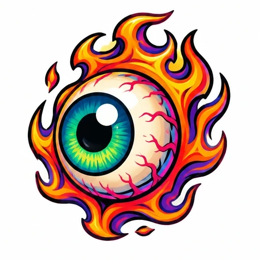 Colorful eyeball with green iris and red veins surrounded by orange and yellow flames with purple shadows