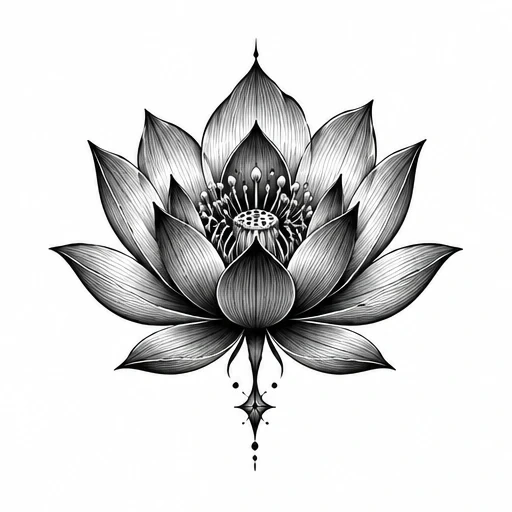 Black ink lotus flower tattoo design with detailed petals and ornamental droplets