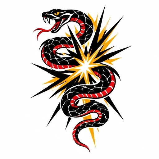 Black snake with red belly scales and open mouth wrapped around a sharp yellow and black explosion burst