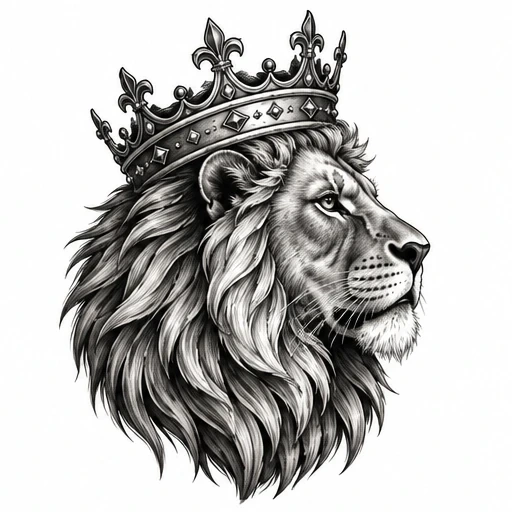 Black and grey lion head tattoo with crown, detailed mane and ornate jewels