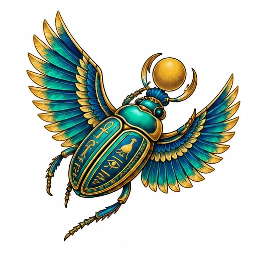 Colorful Egyptian scarab tattoo with hieroglyphics and blue-gold outspread wings on white background