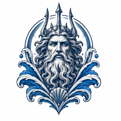 Poseidon tattoo design with trident crown, flowing beard, ocean waves, and seashell