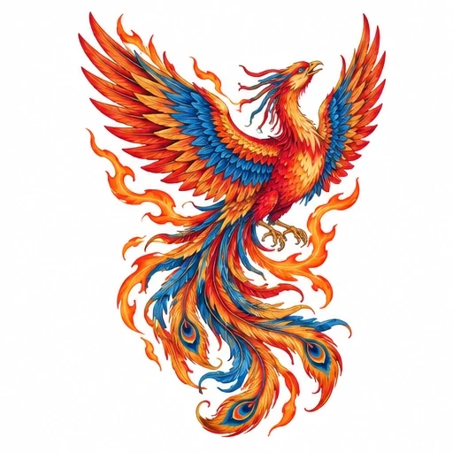 Colorful Japanese phoenix tattoo with red, orange, blue feathers surrounded by flames.