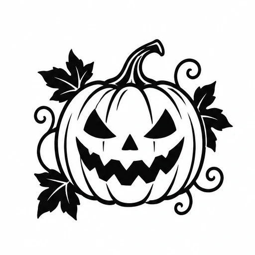 Black jack-o'-lantern pumpkin with scary face and twisting vine leaves tattoo design