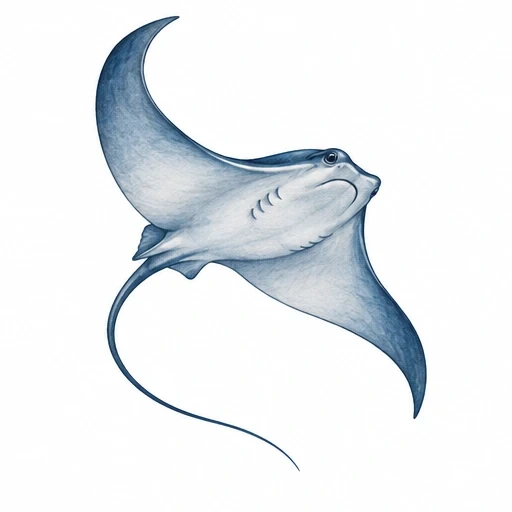 Detailed tattoo drawing of a stingray in shades of blue with curved fins and a long tail