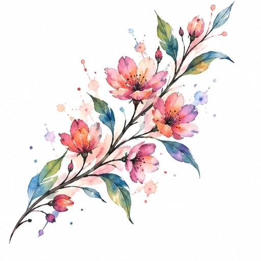 Watercolor tattoo design of a diagonal floral branch with pink and purple blossoms and green leaves