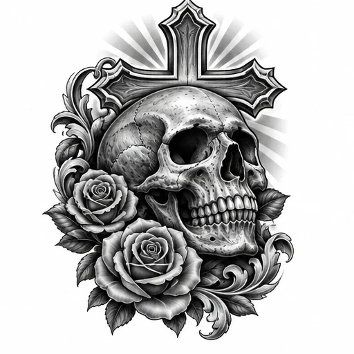 Black and gray tattoo design of a realistic skull with two roses and an ornate cross behind it, featuring shading and sunburst rays.